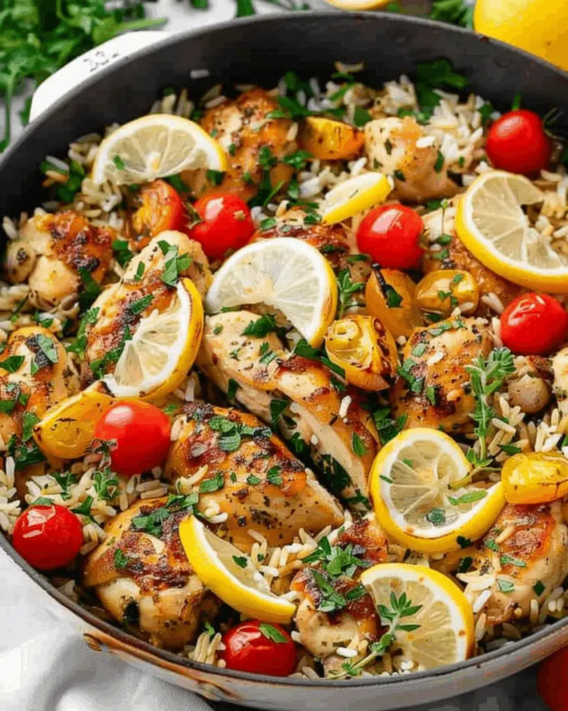 Greek Chicken with Lemon Rice and Tomatoes