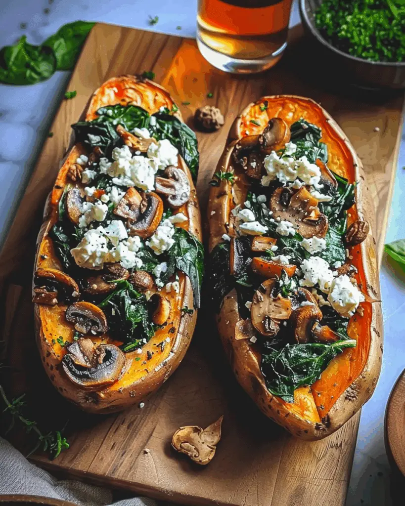Stuffed Sweet Potatoes with Spinach, Mushroom, and Feta