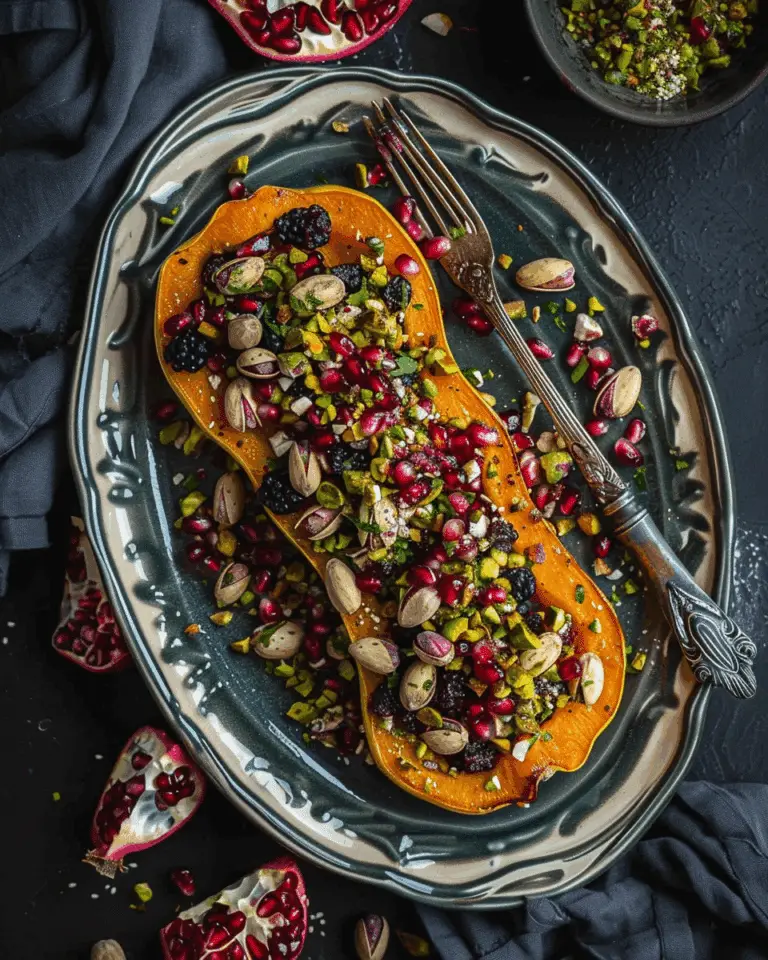 Roasted Butternut Squash with Tahini, Silan, Pomegranates, and Pistachios