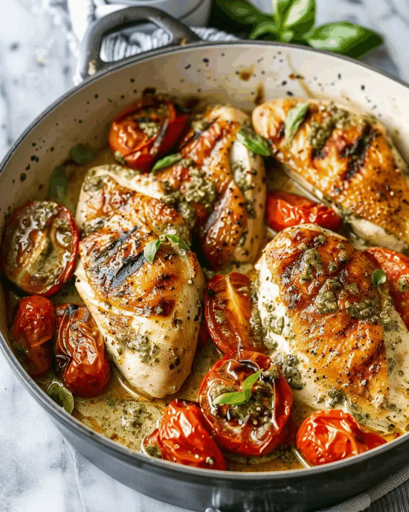 Creamy Pesto Chicken with Roasted Tomatoes