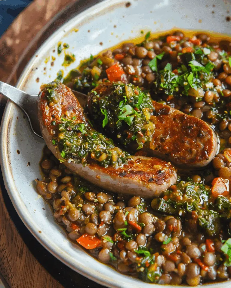 Red Pepper Lentils, Sausages & A Salsa Verde Crumb