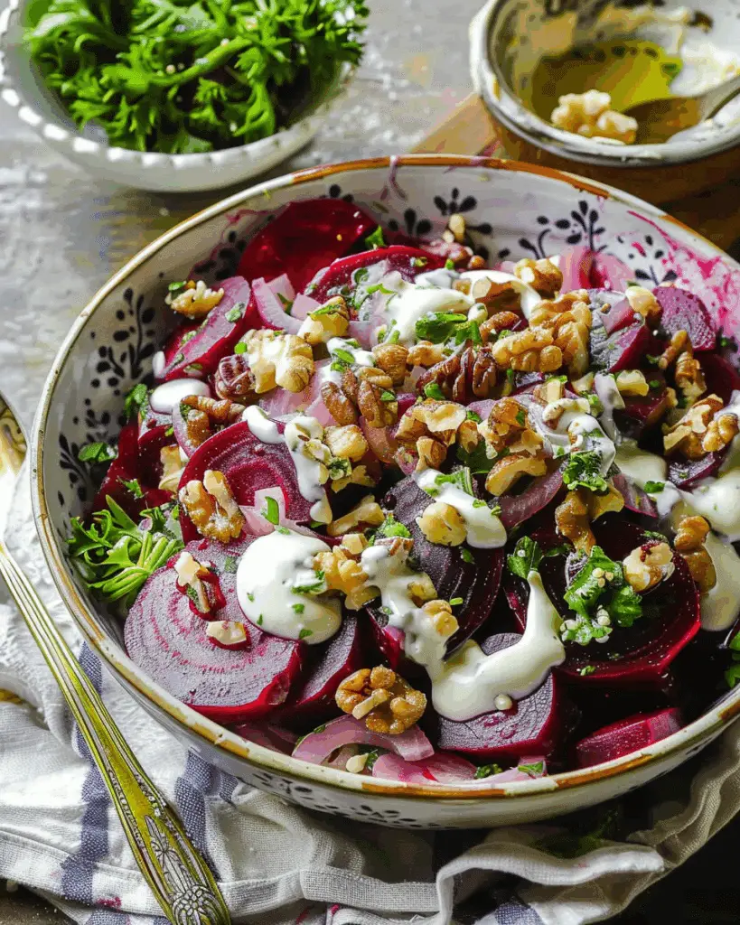 Roasted Beet Salad with Horseradish Alioli and Caramelized Walnuts