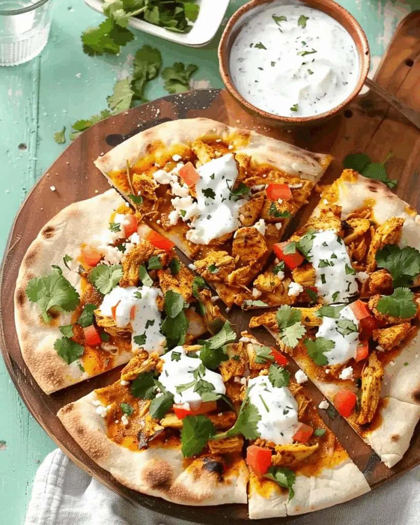 Tandoori Spiced Chicken Pita Pizza with Greek Yogurt and Cilantro
