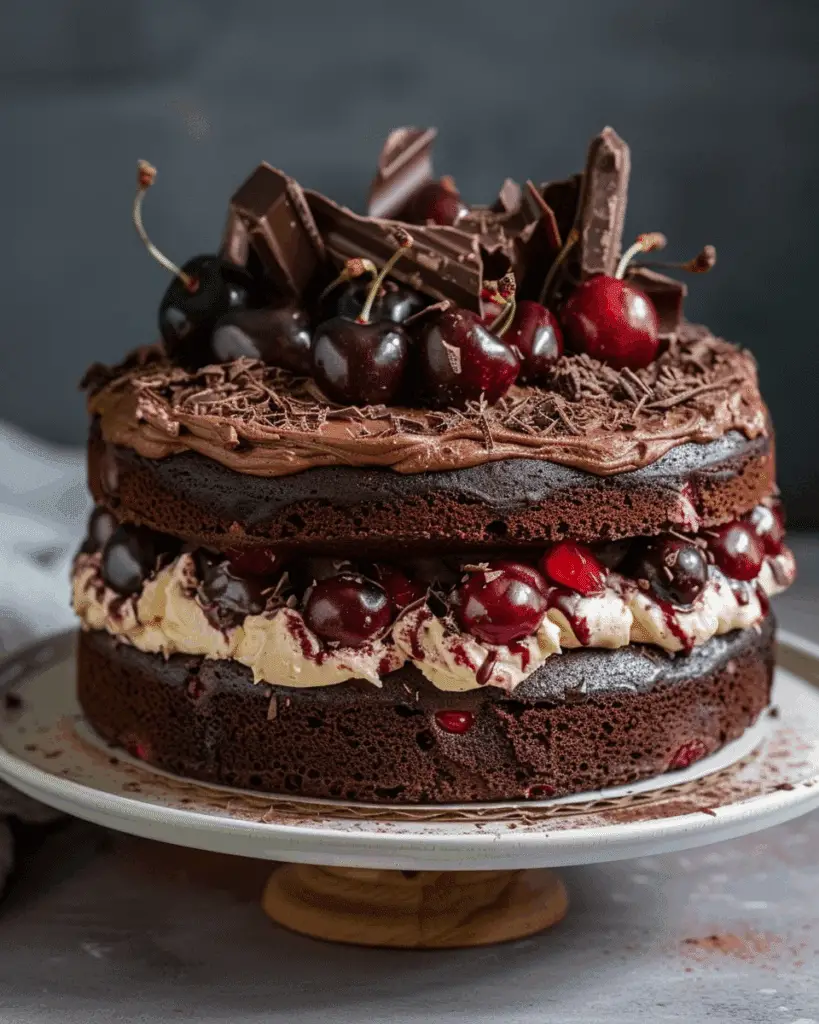Chocolate, Vanilla Cherry & Mascarpone Layer Cake with Chocolate Ganache
