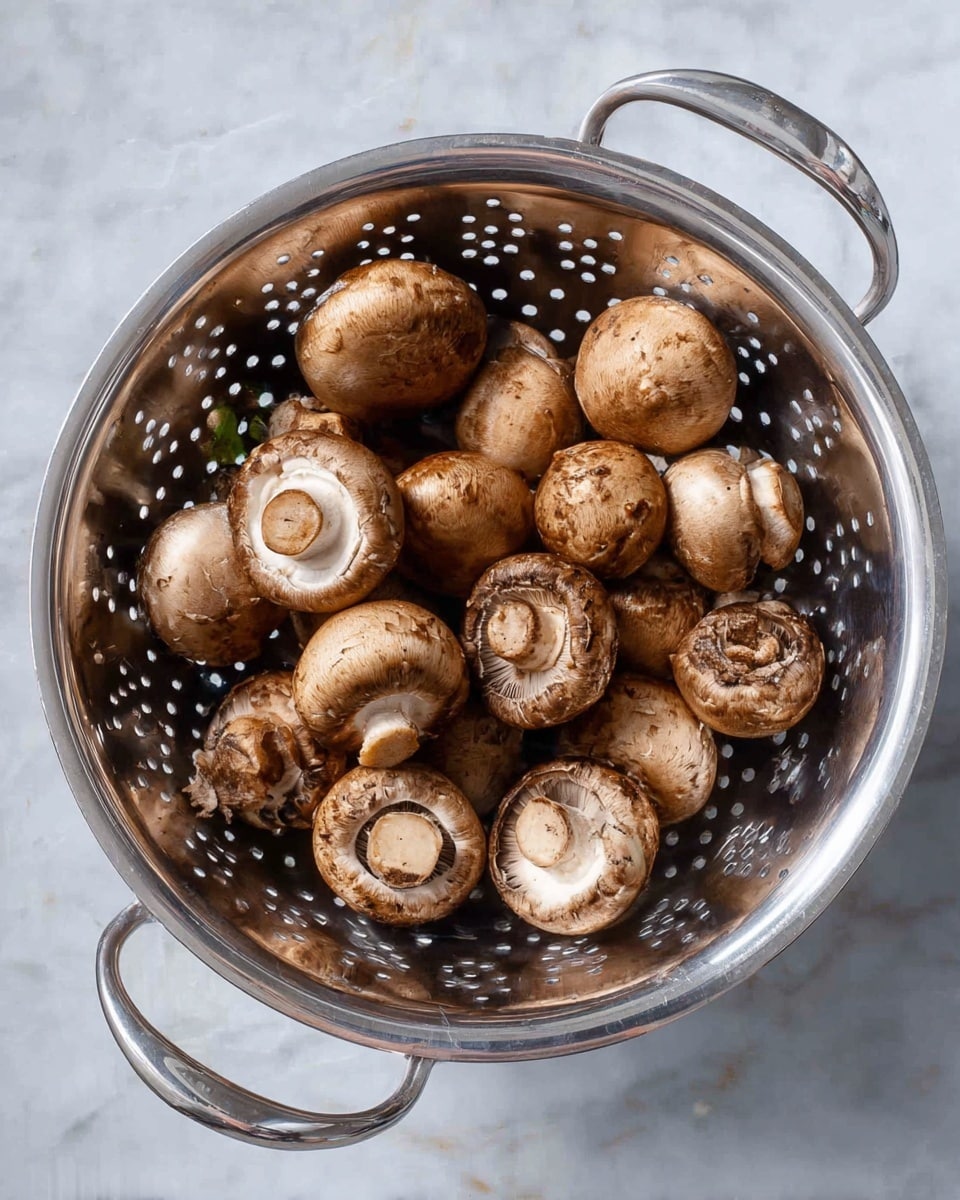 A metal colander filled with about twenty brown mushrooms. The mushrooms have a smooth texture with some visible natural lines and varied round shapes. The colander is shiny silver with many round holes spread evenly around its sides, and it has two handles on opposite sides. The background is a white marbled texture. photo taken with an iphone --ar 4:5 --v 7