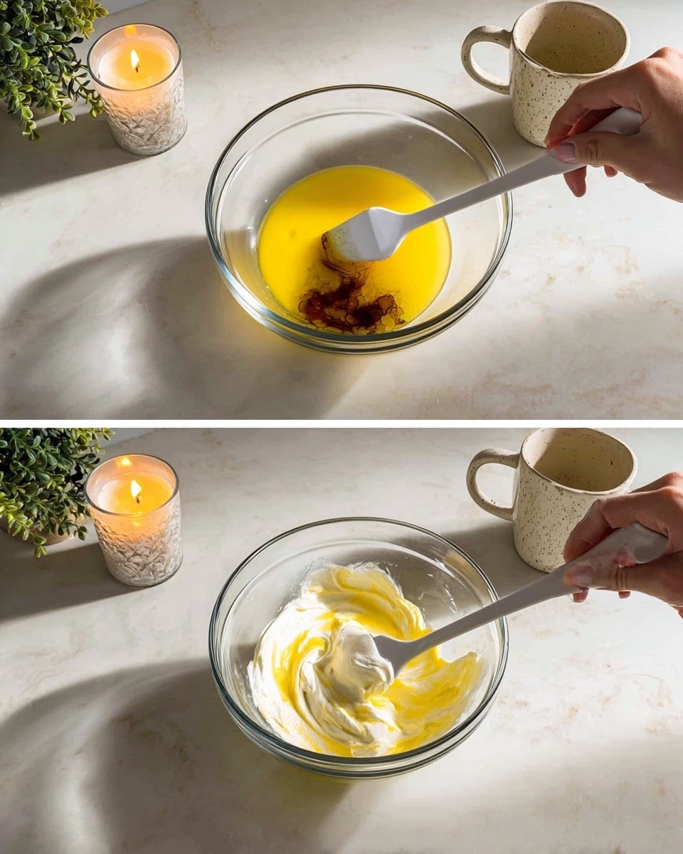 Two side-by-side photos show a clear glass bowl on a white marbled surface with a lit candle, two mugs, and a small green plant in the background. In the left photo, the bowl contains a yellow melted butter layer at the bottom with a raw egg yolk and some dark brown vanilla extract on top, and a white spatula resting inside the bowl. In the right photo, a woman's hand is stirring the mixture, adding a thick white layer of cream or yogurt above the yellow butter base, creating a creamy texture with some swirls of yellow showing through. The scene is bright with natural sunlight casting soft shadows. Photo taken with an iphone --ar 4:5 --v 7