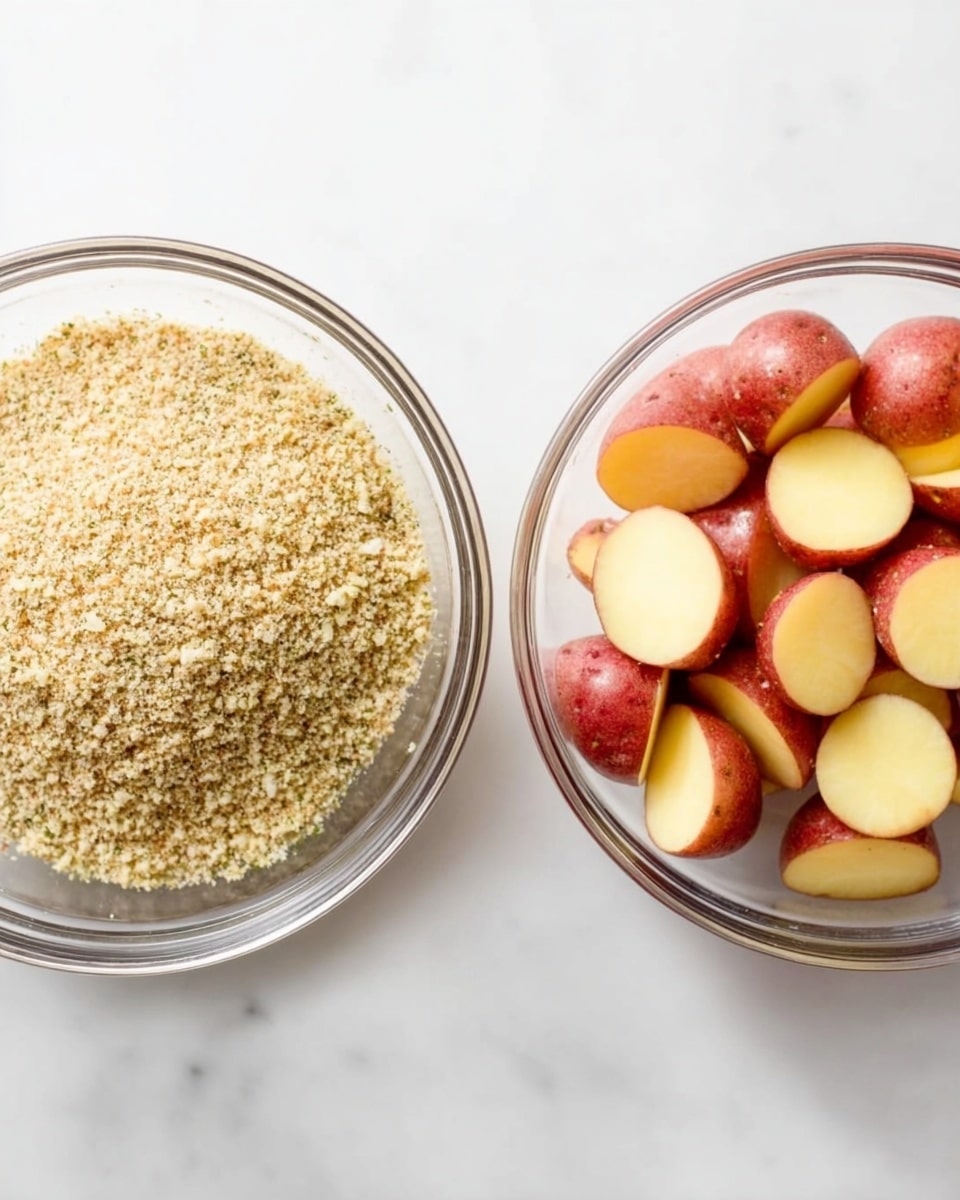The image shows two clear glass bowls placed side by side on a white marbled surface. The bowl on the left is filled with a dry, crumbly light beige mixture with small green specks, giving it a coarse texture. The bowl on the right contains small halved red potatoes with smooth skins and creamy yellow interiors, tightly packed to fill the bowl. Both bowls are bright and clean with no spills around them. Photo taken with an iphone --ar 4:5 --v 7