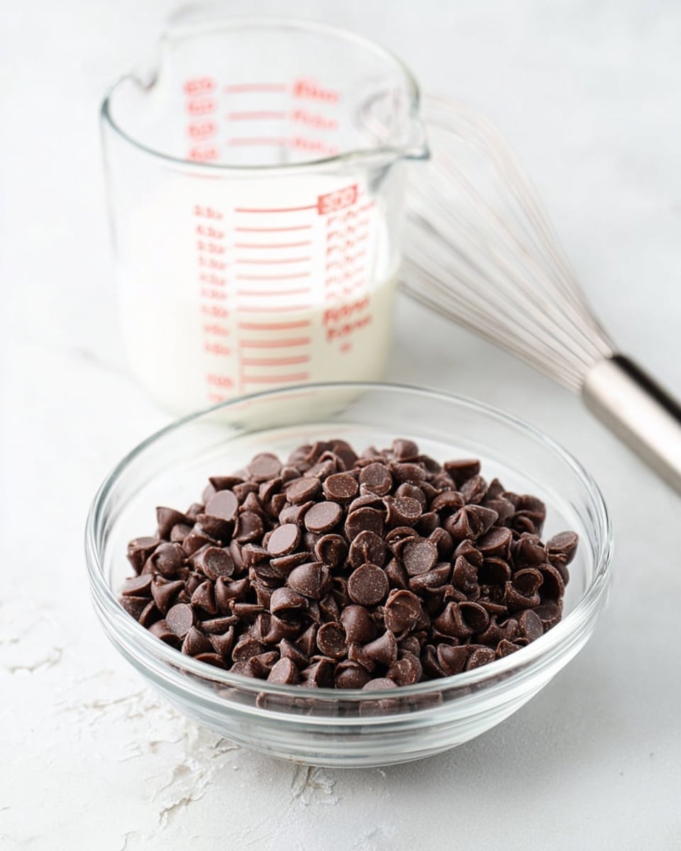 A clear glass bowl sits in the front filled with many small, dark brown chocolate chips that have a smooth, shiny texture. Behind it, slightly blurred, is a clear glass measuring cup holding a white liquid, probably milk or cream, with red measurement marks on the cup. Next to the measuring cup, a metal whisk with thin wires lies flat on a white marbled surface. The whole setup is simple, bright, and clean, with a soft natural light coming from the left side. photo taken with an iphone --ar 4:5 --v 7