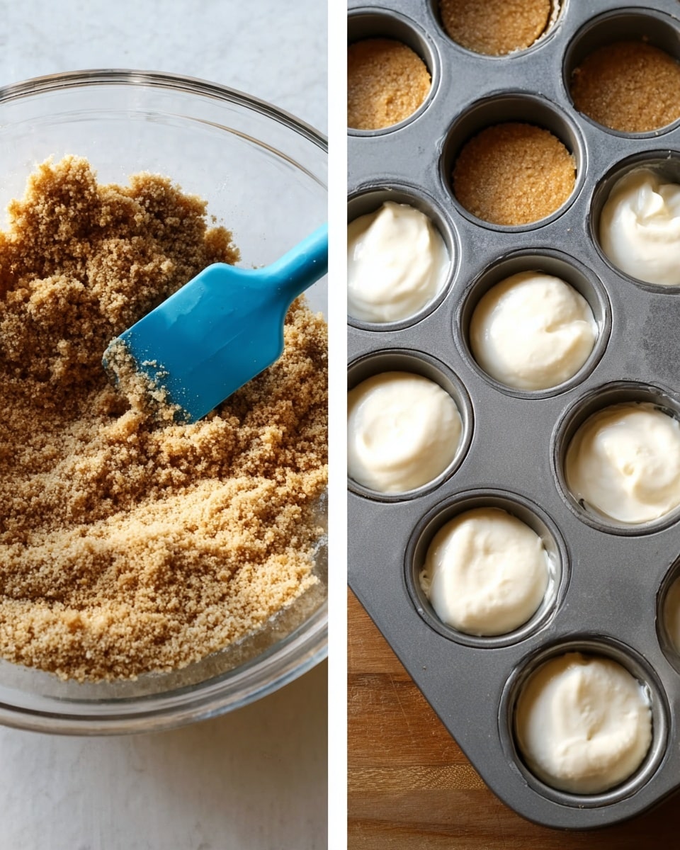 The image shows two scenes side by side on a white marbled surface. On the left side, there is a clear mixing bowl filled with a crumbly, light brown mixture, with a blue spatula resting in it. Next to the bowl is a gray muffin tin with some empty cups and some with the crumbly mixture pressed into the bottom. On the right side, the gray muffin tin has some cups filled with the crumbly mixture at the bottom and three cups filled on top with a white creamy batter, smooth and thick. Photo taken with an iphone --ar 4:5 --v 7