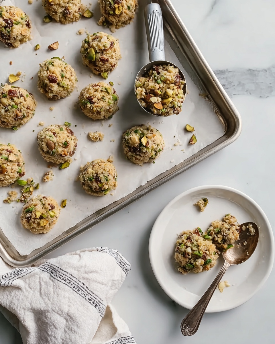 There is a metal baking tray lined with white parchment paper on a white marbled surface. On the tray are small round mounds of a crumbly textured mixture with green, beige, and brown bits, arranged loosely spaced. Some crumbs scatter around. A metal scoop holds one mound, tipped slightly to show its uneven, chunky texture. Below the tray, a white round plate sits with one mound on it, slightly broken, showing tiny green and brown pieces inside, and a silver spoon rests next to it. A white cloth with thin black stripes is near the tray. Photo taken with an iphone --ar 4:5 --v 7