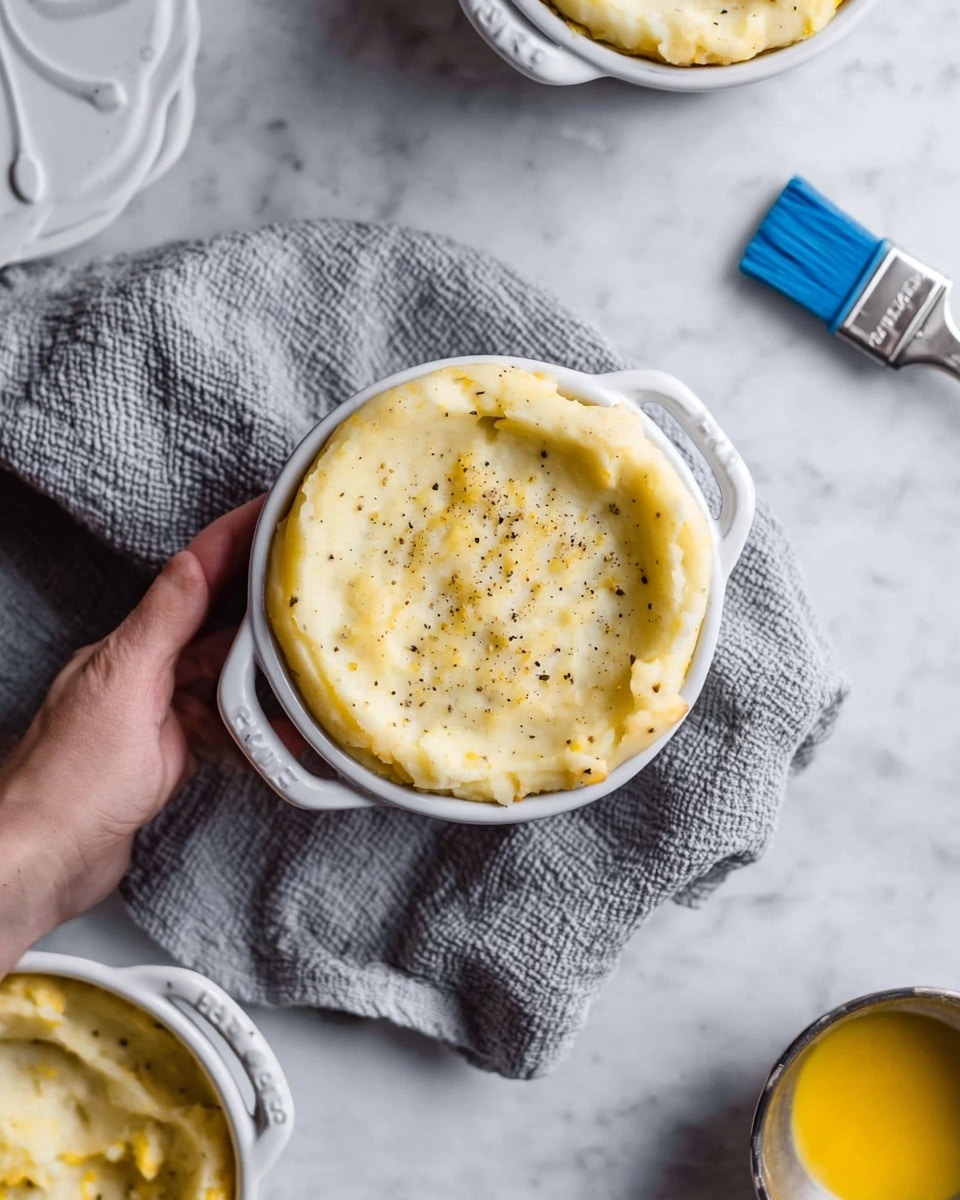 A close-up image shows a white small casserole dish filled with creamy chicken pot pie filling. The filling has three layers of colors and textures: soft orange carrot cubes, bright green peas, and white and light tan chunks of chicken and potatoes mixed in a thick creamy sauce. The dish is placed on a white marbled surface with a textured gray cloth underneath and a white lid placed nearby. The top of the dish has two handles with the brand name