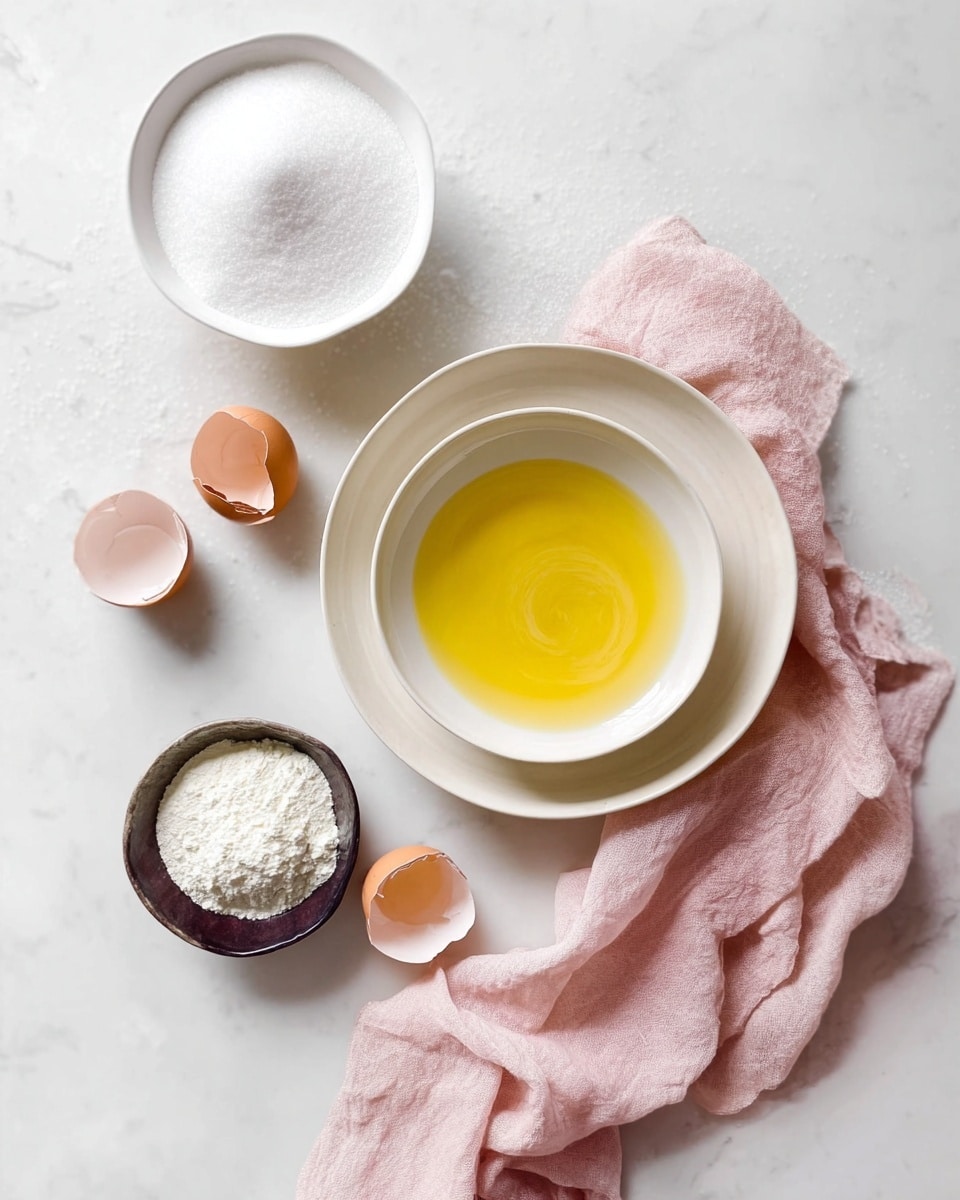 The image shows three white bowls arranged vertically on a white marbled surface. The top bowl contains fine white sugar, the middle bowl holds a yellow liquid, likely beaten egg whites, placed on a soft pink cloth over a large white plate. Below, there is another white plate with a small dark bowl filled with white powder, probably baking powder or flour, alongside two cracked egg shells and one half shell resting on a crumpled pink cloth beside the plates. The colors are soft with white, yellow, pink, and dark brown tones. photo taken with an iphone --ar 4:5 --v 7