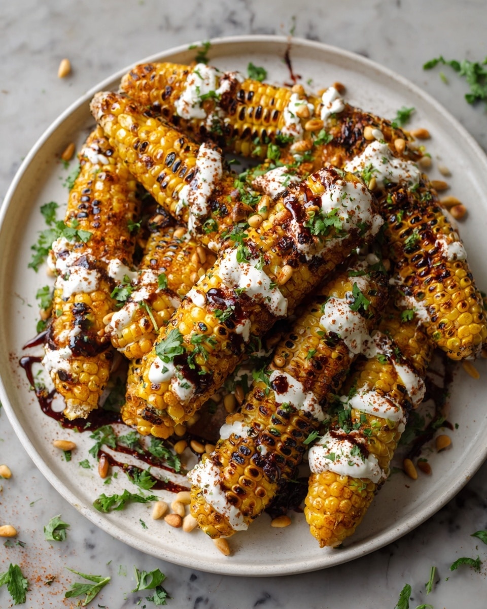 A white plate filled with several short corn cobs that are grilled with char marks, each piece showing golden yellow kernels. The corn pieces are topped with creamy white sauce dollops, dark red chili powder or sauce drizzles, and scattered fresh green chopped herbs. Lightly toasted small pine nuts are sprinkled on top, adding texture. The plate is placed on a white marbled surface with some pine nuts and herbs scattered around it. photo taken with an iphone --ar 4:5 --v 7