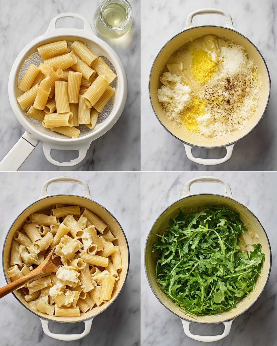 A white bowl filled with rigatoni pasta coated in a creamy white sauce, layered with bright green arugula leaves mixed throughout. The pasta is sprinkled with black pepper, red chili flakes, and small bits of chopped herbs, adding specks of dark green and red over the top. Light yellow lemon zest is scattered decoratively across the dish, providing a fresh color contrast. The background is a white marbled texture. Photo taken with an iphone --ar 4:5 --v 7