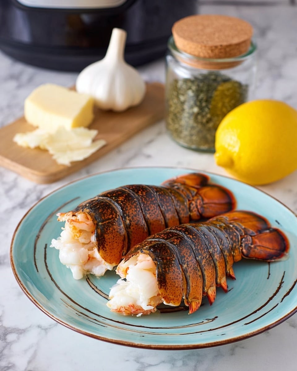 An air fryer basket contains four raw lobster tails placed side by side, showing white translucent meat with a soft, slightly bumpy texture on top and dark orange-brown tail shells underneath, with tail fins curved outward. The basket is black with a mesh grid. To the right of the basket, there is a small silver pan filled with melted butter and a bright orange silicone brush resting on its edge. A white marbled surface surrounds the items, with part of a sliced lemon visible at the bottom. Photo taken with an iphone --ar 4:5 --v 7