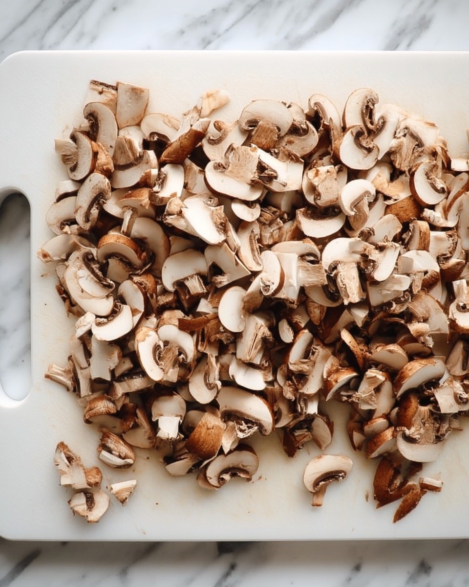 A white chopping board filled with many small, sliced brown mushrooms. The mushrooms are cut into thin pieces showing their light inner parts and darker brown outer caps. The board is placed on a white marbled surface. photo taken with an iphone --ar 4:5 --v 7