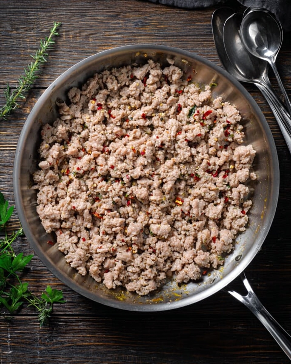 A large silver frying pan filled with cooked ground meat that is light brown with small bits of red chili flakes scattered through it, sitting on a dark wooden surface. Fresh green herb sprigs are placed around the pan. On the right side, there are two silver serving spoons resting, slightly overlapping, with a dark handle. The texture of the meat looks crumbly and uneven, spread mostly in a circle inside the pan. photo taken with an iphone --ar 4:5 --v 7