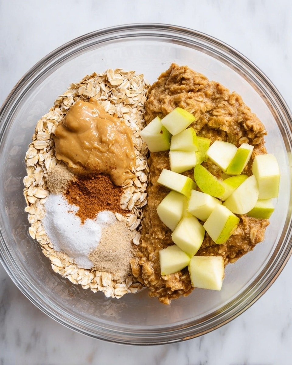 A clear glass bowl sits on a white marbled surface, showing dry and wet ingredients layered separately. On the left side of the bowl, there is a base layer of light tan rolled oats with a small mound of white powdery ingredient, a pile of medium brown sugar, two large dollops of peanut butter in a peanut tan shade, and a smooth layer of pale applesauce near the bottom. Cinnamon powder in a warm brown shade is sprinkled in between the oats and the applesauce. In the next image, the same clear bowl holds a mixed brown oatmeal mixture with a rough texture, topped with small cubes of green and pale yellow apples scattered on the surface at the center. The mixture looks wet and chunky with a soft consistency. photo taken with an iphone --ar 4:5 --v 7