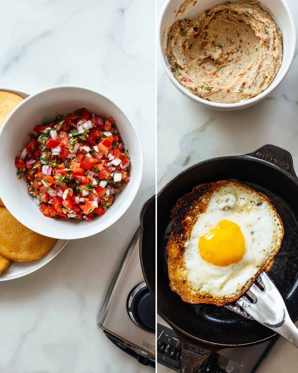 The image shows three small round crispy golden corn tortillas on a wooden board placed on a white marbled surface. Each tortilla has a layer of smooth light brown refried beans spread evenly on top. Two of them are topped with a sunny side up egg, showing bright yellow yolks and slightly browned white edges. The third tortilla has a serving of fluffy scrambled eggs with soft texture. All tortillas are garnished with colorful fresh salsa made of finely chopped red tomatoes, white onions, green peppers, and green cilantro scattered over the eggs and beans. The whole scene is bright and fresh, with vibrant red, yellow, and green colors standing out against the golden tortillas and white marbled background. photo taken with an iphone --ar 4:5 --v 7