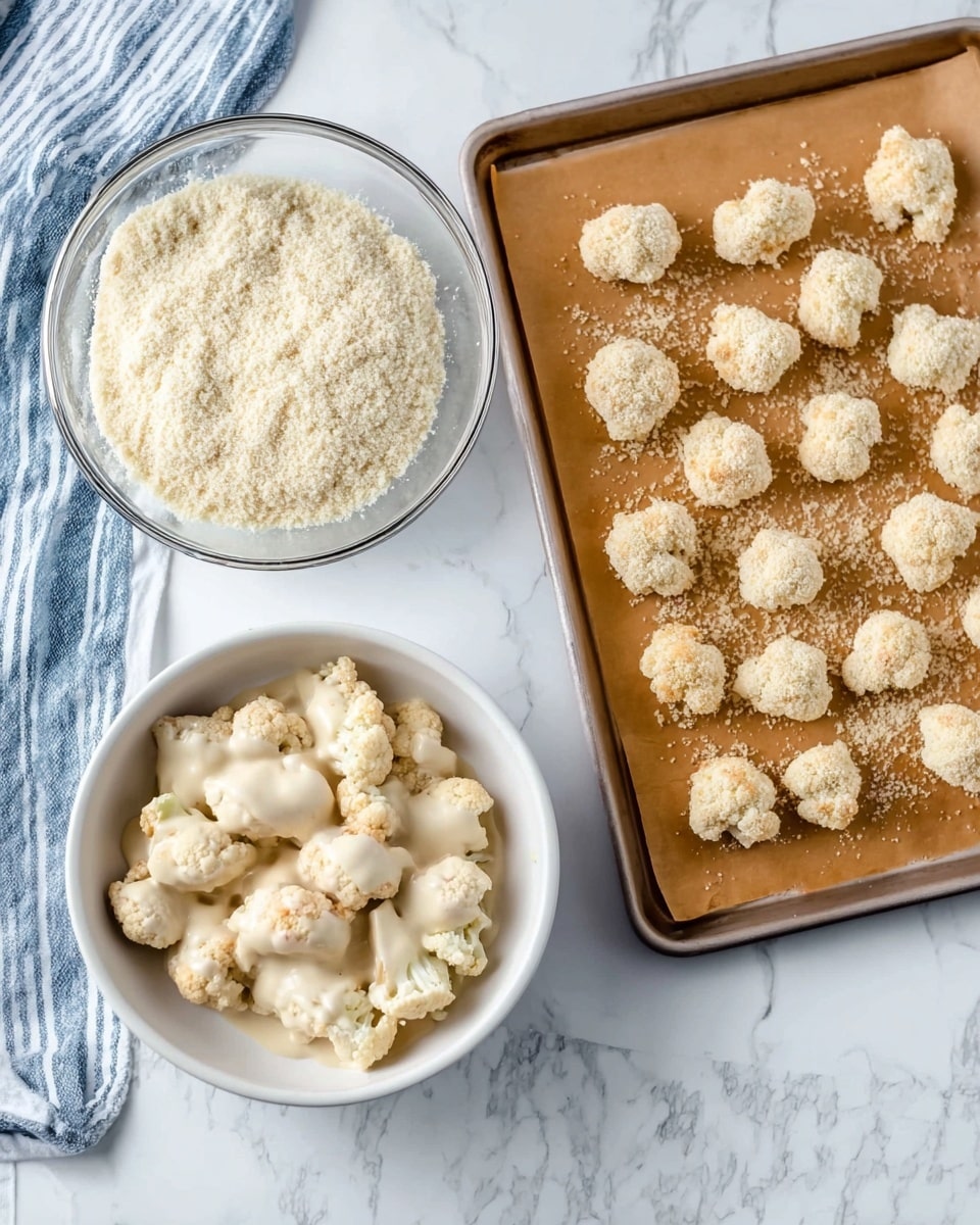 The image shows two parts: on the left, there is a white bowl filled with coarse white crumbs and several pieces of cauliflower coated in a creamy white sauce placed on top, and behind it, a glass bowl with more cauliflower coated in the same sauce. On the right, there is a baking tray lined with brown parchment paper, with evenly spaced cauliflower bites coated with the crumb mixture spread out in rows. Both parts are set on a white marbled surface with a blue and white striped cloth nearby. Photo taken with an iphone --ar 4:5 --v 7