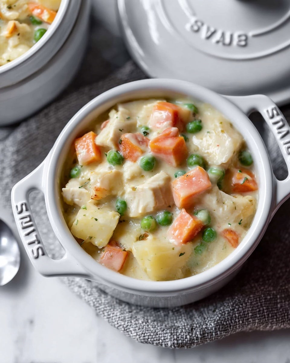 The image shows a small white oval pot filled with mashed potatoes covered by a thick layer of dough. The dough is smooth and golden-yellow with some black pepper sprinkled on top. A woman's hand has pressed down on the dough, leaving three clear finger marks in the center. Around the pot on the white marbled surface, there is another white pot with mashed potatoes inside, some white pot lids, a metal bowl with yellow butter or sauce and a blue brush, and a gray textured cloth partly under the main pot. Photo taken with an iphone --ar 4:5 --v 7