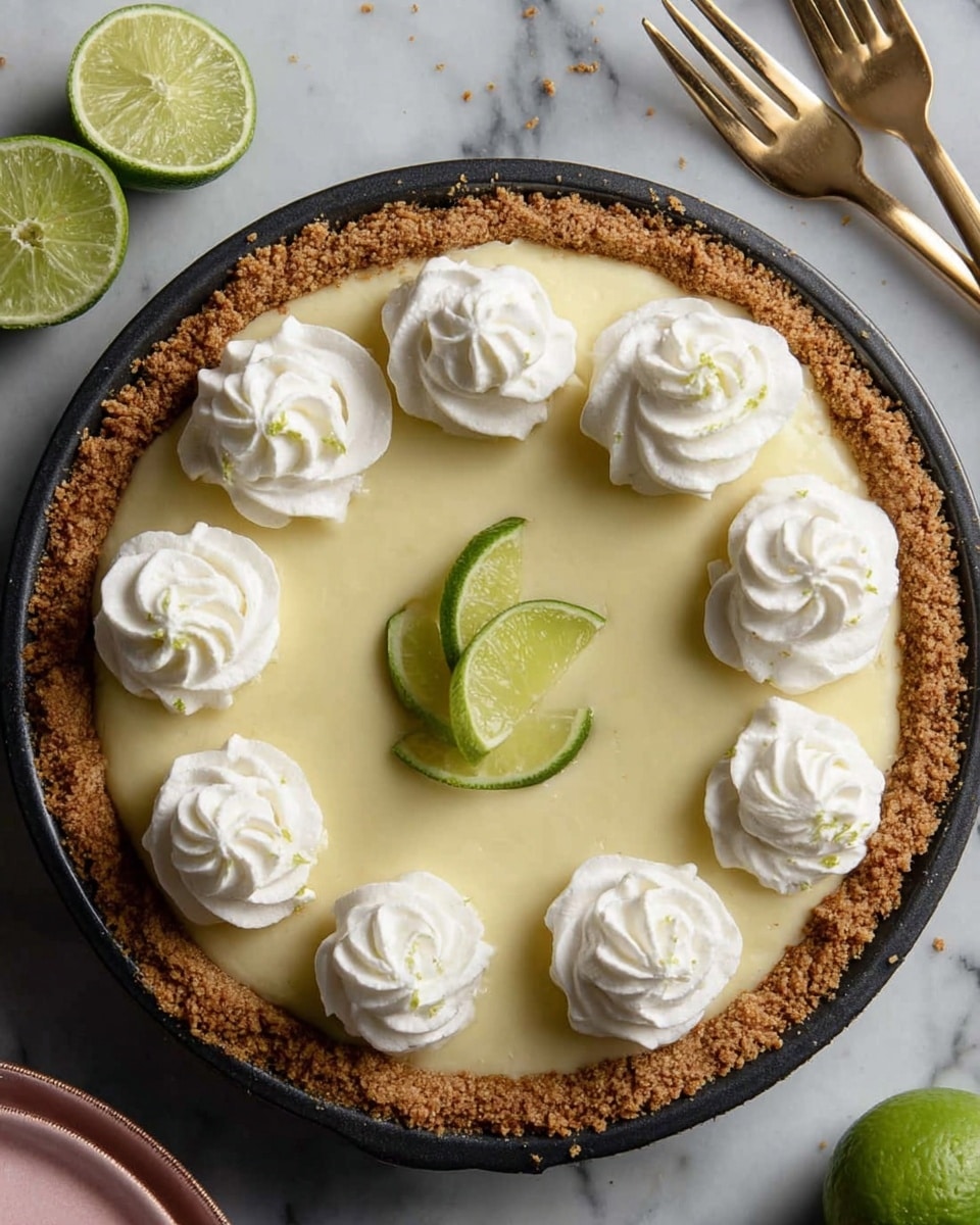 The image shows three steps of making a lime pie. On the far left is a round baking pan with a thick layer of brown crumbly crust pressed evenly at the bottom and sides. The middle shows a white bowl with a creamy pale green lime filling being mixed with a whisk, surrounded by lime halves. On the far right, the pale green filling is spread smoothly over the brown crust in the baking pan. All items are on a white marbled surface. Photo taken with an iphone --ar 4:5 --v 7