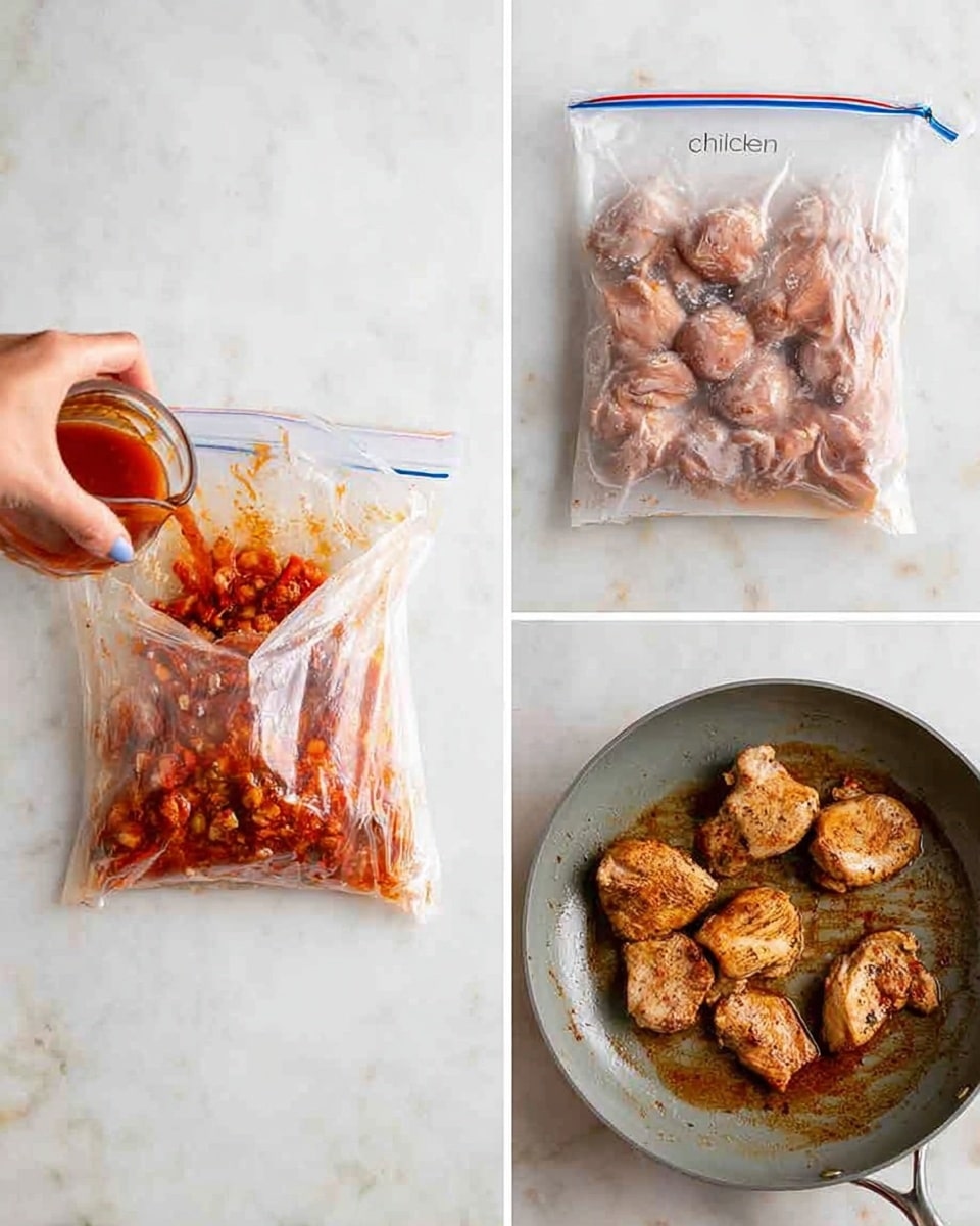 The image shows three panels: on the left, a woman's hand is pouring a reddish sauce with visible chunks over raw chicken pieces inside a clear plastic ziplock bag placed on a white marbled surface; the middle panel displays the ziplock bag filled with chicken and sauce, the bag sealed with the label