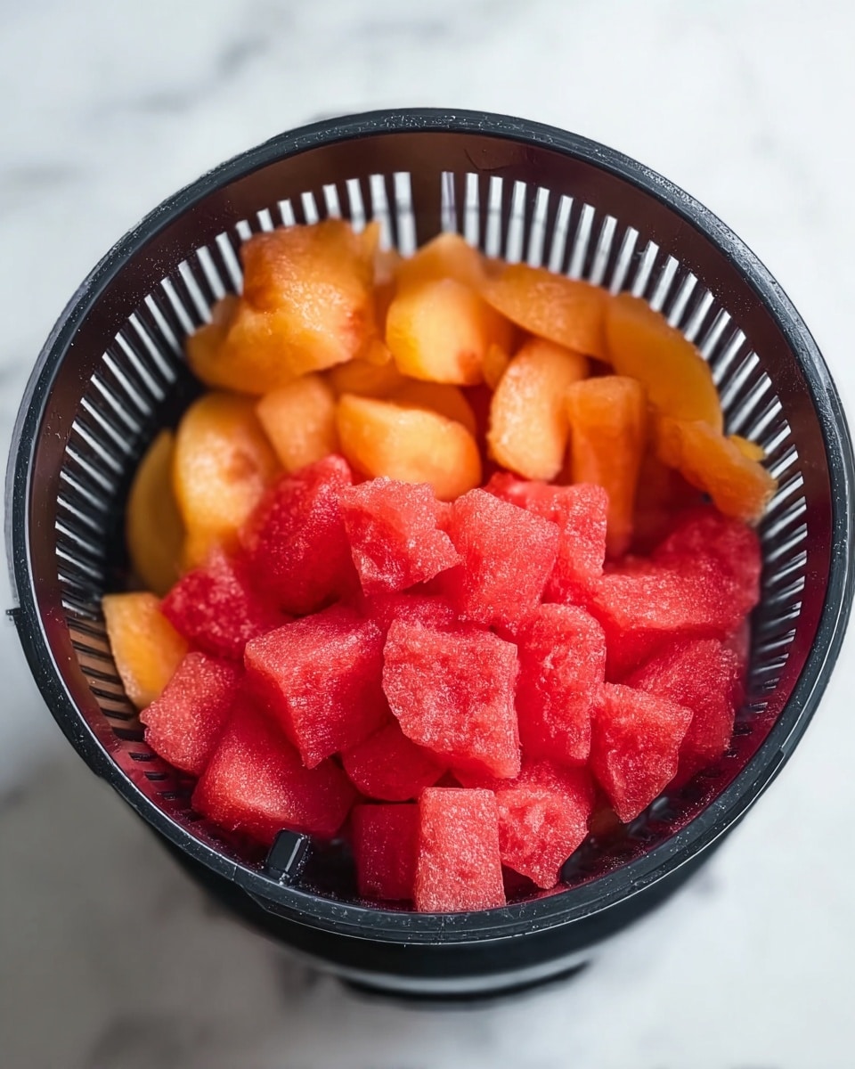 The image shows a bowl filled with two types of fruit pieces. The bowl is white and round, placed on a white marbled surface. Inside, the bottom layer has orange peach slices with smooth skin and juicy texture, arranged randomly. Sitting on top and mixed throughout are bright red watermelon cubes with a slightly wet look. The combination of the soft peach slices and firm watermelon cubes creates contrast in color and texture. photo taken with an iphone --ar 4:5 --v 7
