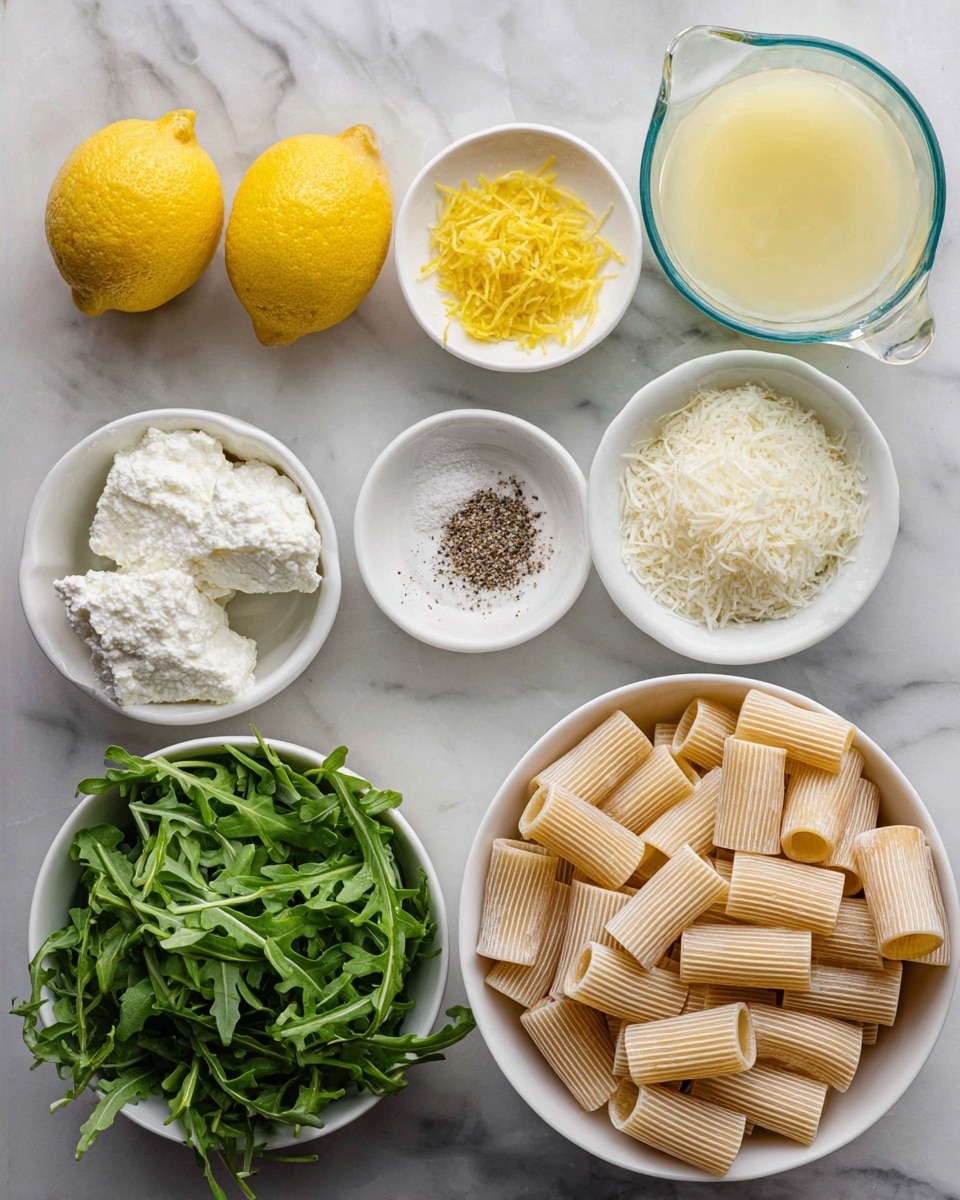The image shows four steps of making pasta in a white pot on a white marbled surface. The first part has a white colander filled with cooked, light beige rigatoni pasta next to a small clear jug with pasta water. The second part shows the pot with grated cheese, yellow lemon zest, melted butter, and some black pepper mixed together. The third part reveals the pot with the cooked rigatoni pasta added, being stirred with a wooden spoon; the pasta looks coated in the creamy, cheesy mixture. The last part shows fresh green arugula leaves added on top of the creamy rigatoni inside the pot, ready to be mixed in. Photo taken with an iphone --ar 4:5 --v 7