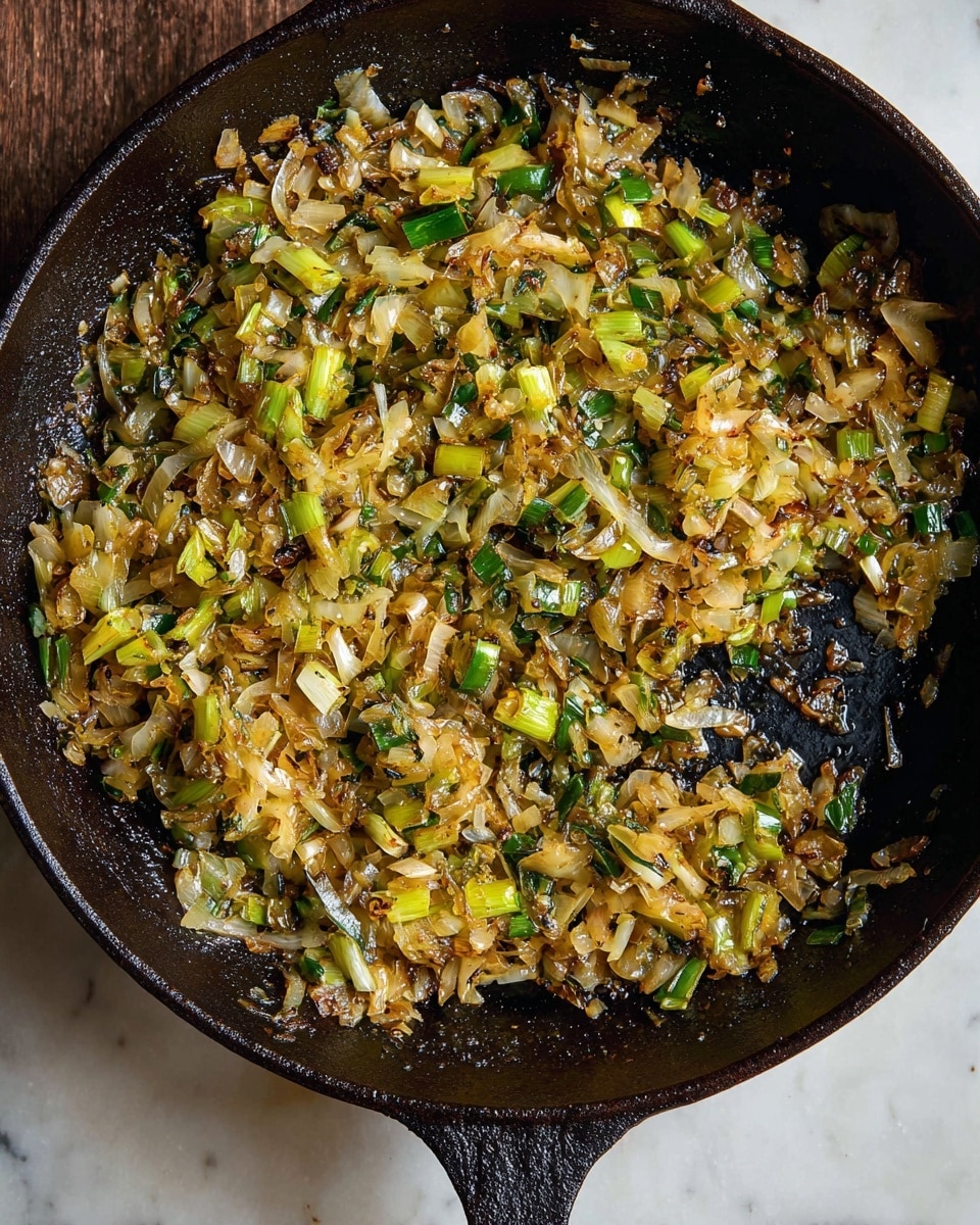 The image shows a close-up of finely chopped cooked onions and green vegetables, possibly leeks, spread evenly in a dark cast iron pan. The vegetables have a soft texture with a mix of golden brown and green colors, showing slight caramelization and translucency. The pan has a thick handle extending downward and sits on a white marbled surface. Photo taken with an iphone --ar 4:5 --v 7