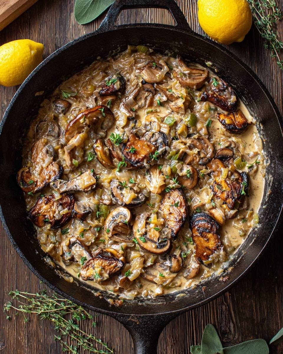 A round black cast iron skillet filled with a creamy mushroom sauce, showing several layers of large, brown, grilled mushroom pieces mixed with finely chopped light brown onions in a thick beige sauce. The skillet sits on a dark wooden surface with scattered green herb leaves and a whole yellow lemon nearby. The skillet handle points downward in the image. photo taken with an iphone --ar 4:5 --v 7
