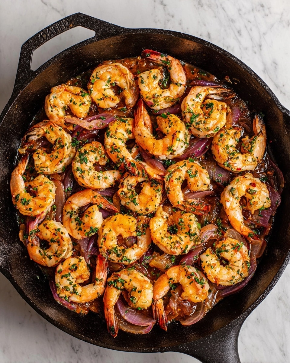 A black cast iron skillet filled with cooked shrimp arranged in a single layer, each shrimp pink-orange with green herb flecks on them. Underneath the shrimp are sautéed red onion slices scattered evenly, with some peeking through the shrimp layer showing a soft, translucent purple color. The bottom of the skillet has a rich, slightly oily reddish-brown sauce coating the surface, giving a warm contrast to the shrimp and onions. The skillet sits on a white marbled surface. photo taken with an iphone --ar 4:5 --v 7