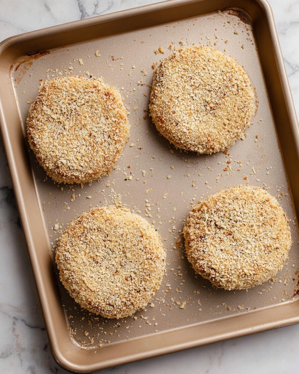 The image shows four round, breaded patties placed on a light brown baking tray. Each patty has an even coating of light beige breadcrumbs with some flakes darker and rough in texture. The patties have a consistent round shape and thickness, and they sit separately on the tray with a little space between them. The baking tray is set on a white marbled surface. Photo taken with an iphone --ar 4:5 --v 7