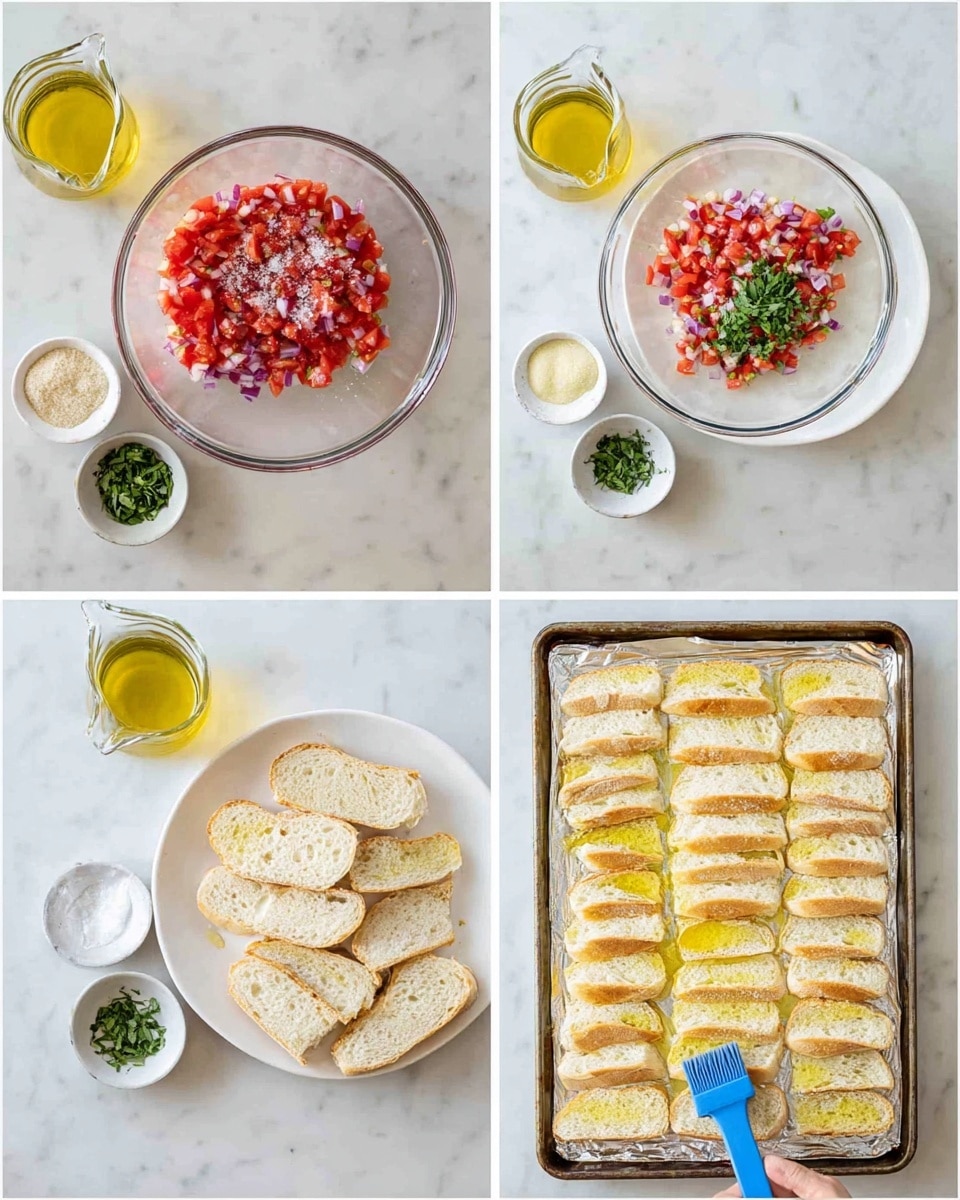 The image shows four steps of preparing bruschetta, displayed in a grid of four photos. The top left photo has chopped tomatoes and diced red onions in a glass bowl, with three small white bowls around it holding chopped herbs, garlic cloves, and basil leaves, plus a small glass pitcher of olive oil. Above is a white plate with sliced bread. The top right photo shows the same glass bowl with added chopped green herbs and minced garlic, a wooden spoon inside, and the small bowls removed except one with garlic. Below, two photos show a baking tray lined with foil holding a single layer of 15 slices of bread arranged closely. The bottom right photo adds the detail of a woman's hand brushing olive oil over the bread slices with a blue brush, making them glisten. All are on a white marbled surface. Photo taken with an iphone --ar 4:5 --v 7