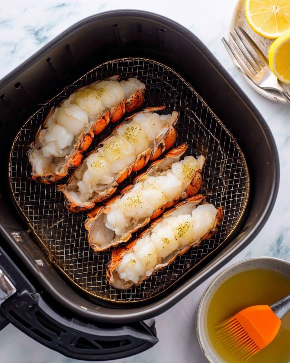 Two lobster tails with dark brown and orange shells are placed side by side on a white plate with a light blue decorative pattern. The white lobster meat is exposed at the open ends of the shells. Behind the plate, on a white marbled surface, there is a whole lemon, a garlic bulb, a stick of butter wrapped in paper, and a square glass jar with a cork lid containing green herbs. To the right of these ingredients is a black air fryer with a shiny surface, a visible control knob, and a small part of a handle seen in the frame. The background features a white tiled wall. Photo taken with an iphone --ar 4:5 --v 7