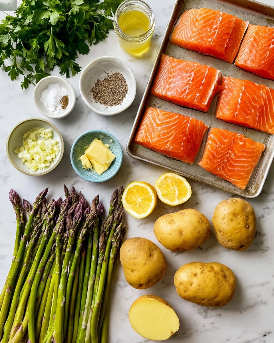 Two salmon fillets with a bright pink color lie side by side on parchment paper over a white marbled surface. Each fillet has two thin, round lemon slices with pale yellow and slightly translucent flesh placed on top. Next to the salmon, on the right, is a bunch of fresh green asparagus with a single lemon slice on it. The asparagus spears are upright with a smooth texture, varying in thickness, and have purple-tinged tips. A light gloss of oil or marinade covers the salmon and parts of the asparagus. photo taken with an iphone --ar 4:5 --v 7