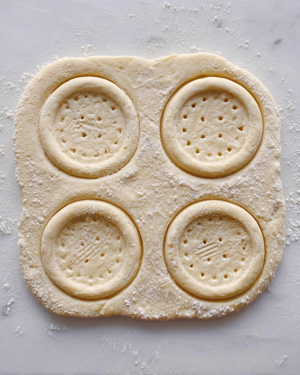 A flat piece of light beige dough with four round shapes pressed into it, arranged in two rows of two. Each round shape has a double circular edge and small evenly spaced holes in the center area. The dough surface is slightly dusted with flour, showing a soft texture with subtle folds and creases. The background is a white marbled texture. photo taken with an iphone --ar 4:5 --v 7