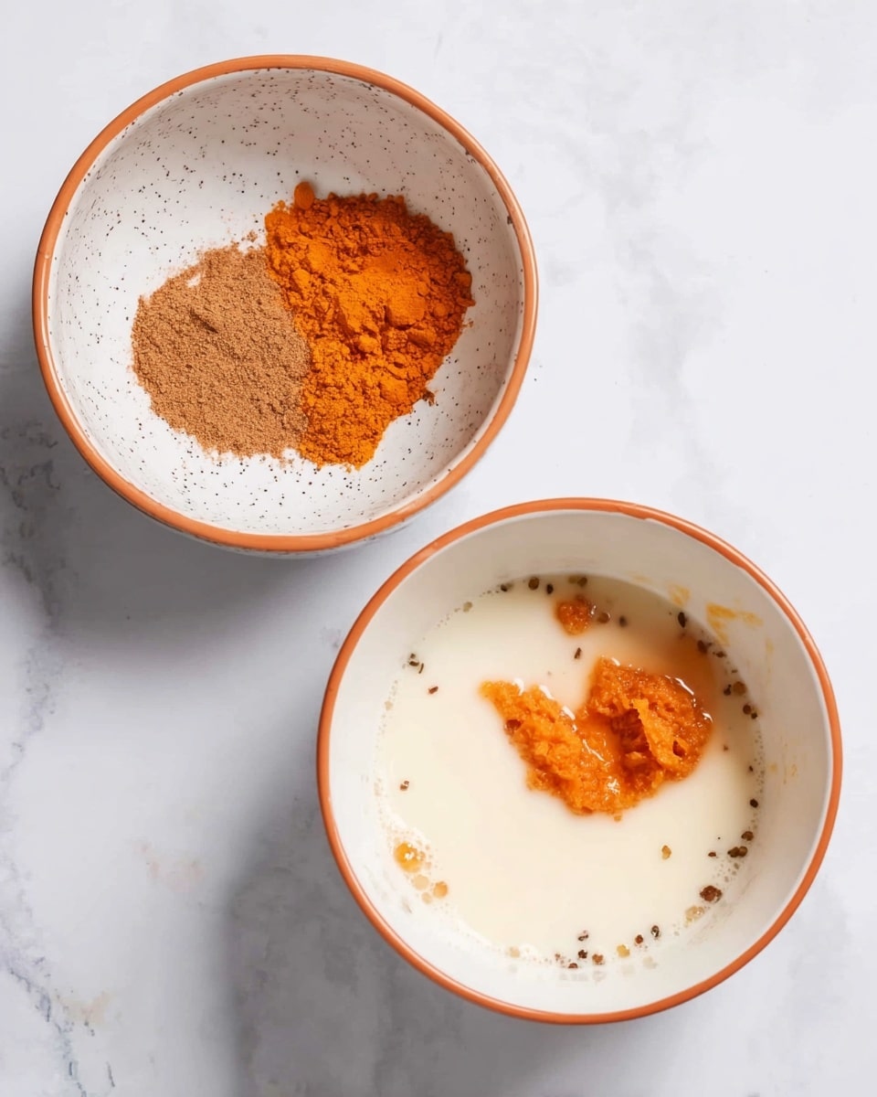 The image shows two white bowls with orange rims on a white marbled surface. In the first bowl, there are three items: a small pile of brown powder in the top left, a bright orange thick paste at the bottom, and a honey-colored liquid on the right. The second bowl contains a lot of white liquid filling most of the bowl, with a small amount of the same orange paste sitting on top near the center right and small dark specks sprinkled around the surface of the liquid. photo taken with an iphone --ar 4:5 --v 7