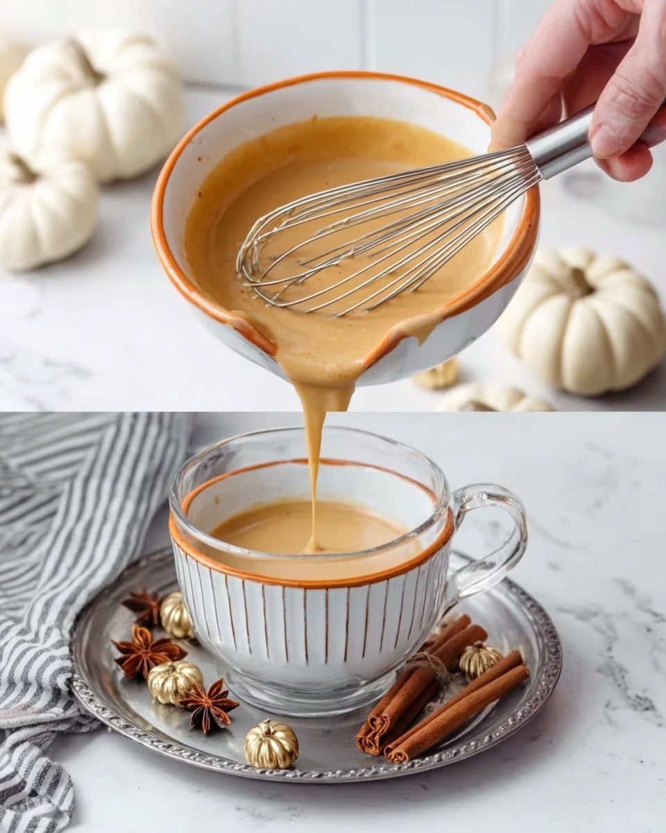 A white bowl with an orange rim is filled with a smooth light brown mixture. A woman's hand is holding a whisk, stirring the mixture. In the next scene, the same light brown liquid is being poured from the bowl into a clear glass cup with a handle, placed on a round silver tray. Around the cup and tray are cinnamon sticks, star anise, and small decorative gold pumpkins. The background is a white marbled surface with white pumpkins and a grey striped cloth visible. Photo taken with an iphone --ar 4:5 --v 7