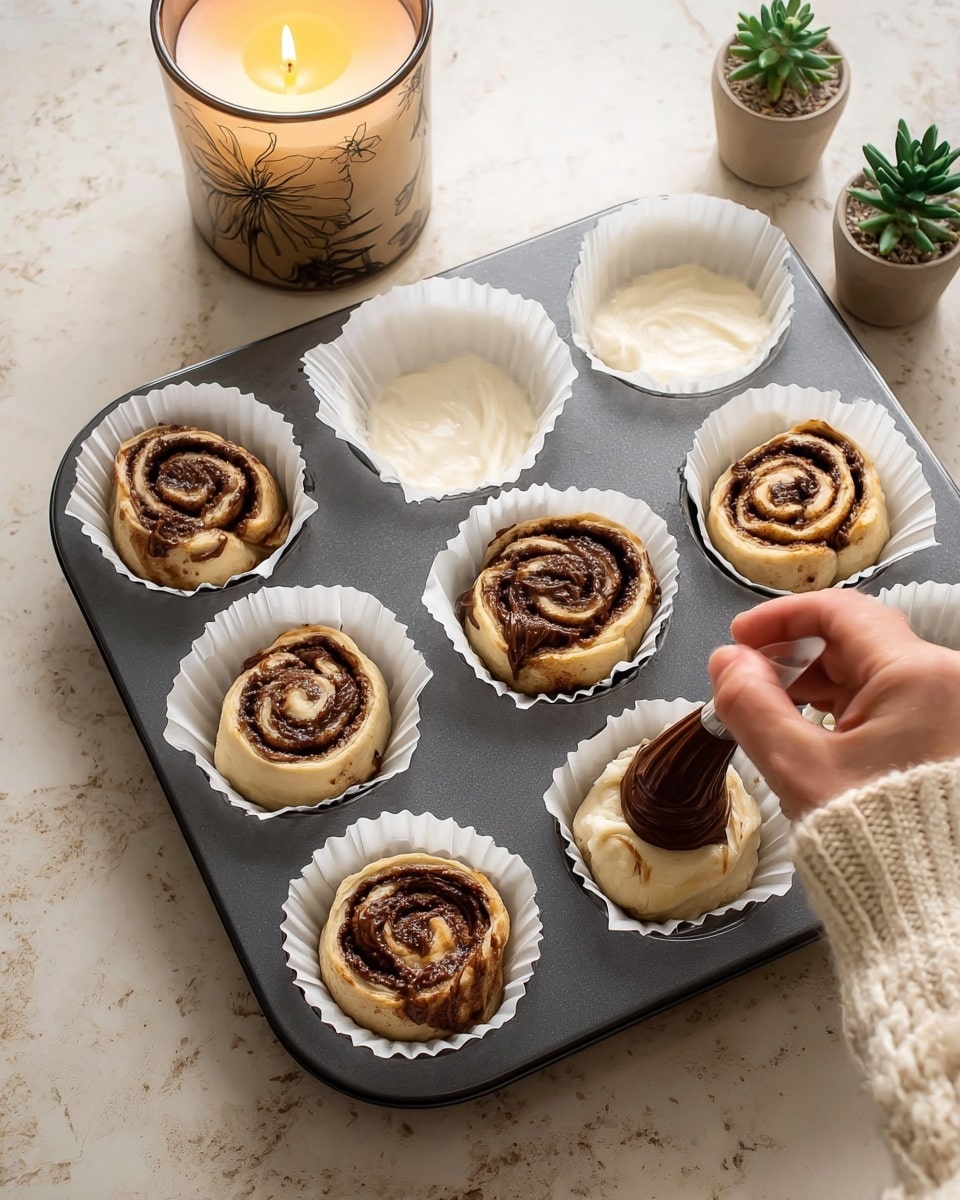 The image shows a black muffin tray with six cinnamon rolls placed inside white parchment paper liners. Each cinnamon roll has two visible layers: the bottom layer is a light beige dough with a soft texture, and the top layer is a dark brown spiral swirl of cinnamon filling. A woman's hand in a cream-colored knitted sweater is seen piping more of the dark brown cinnamon filling onto one of the cinnamon rolls. In the background, there is a lit three-wick candle in a glass holder with a botanical design and some small green plants on a white marbled countertop. photo taken with an iphone --ar 4:5 --v 7