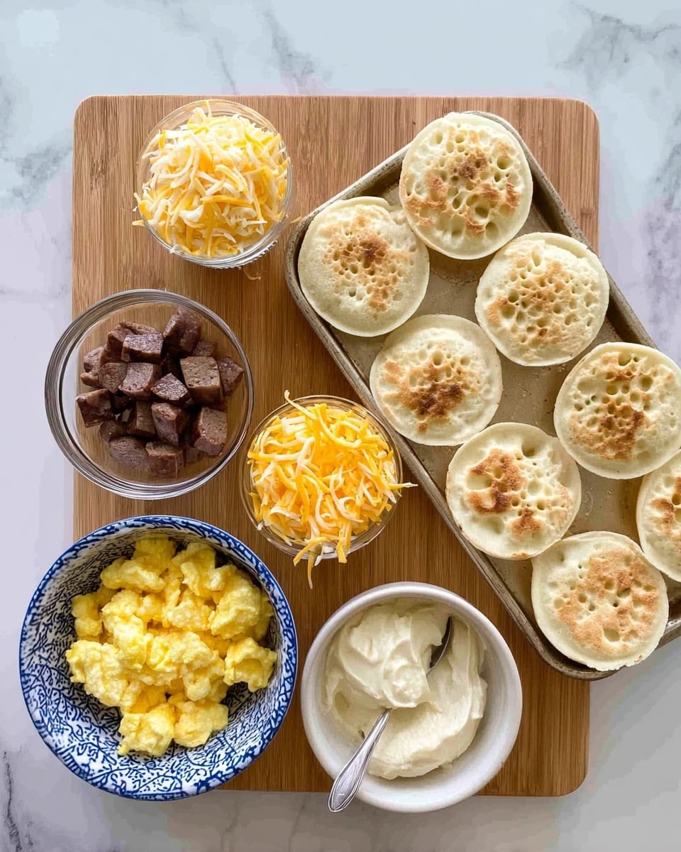 The image shows a wooden board on a white marbled surface with several food items arranged for a meal. On the top right is a tray filled with small, round, toasted English muffins with a light brown, bubbly texture. Below the tray, there is a neat pile of shredded yellow and white cheese. To the left of the cheese, a small glass bowl contains dark brown sausage chunks. Next to it, a blue and white patterned bowl holds scrambled eggs with a soft, fluffy texture and a yellow color. Above the bowl of eggs, a white bowl contains a creamy white spread with a spoon inside. The overall scene is clean, organized, and ready for assembly. photo taken with an iphone --ar 4:5 --v 7
