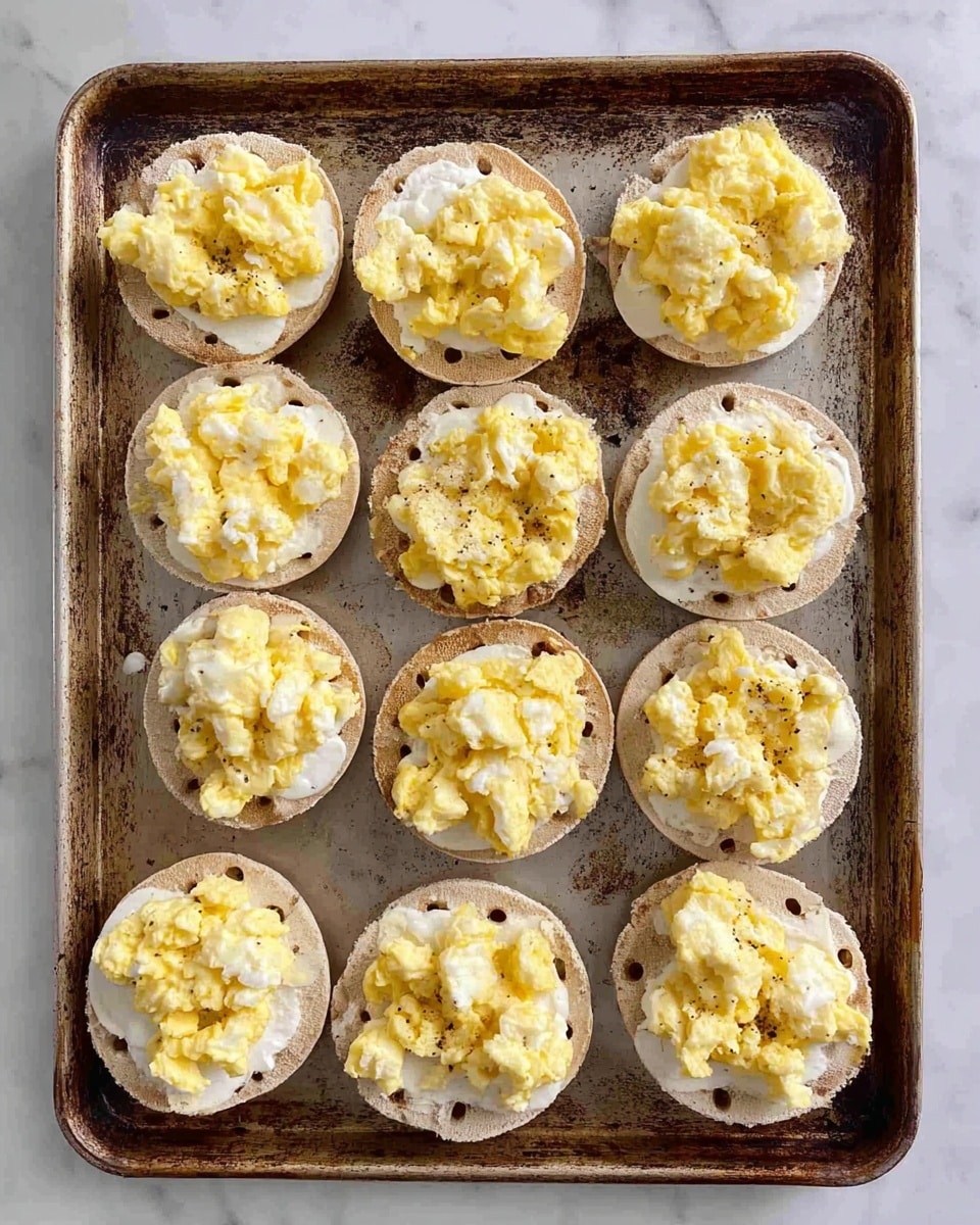 Twelve toasted round English muffin halves are placed evenly on a weathered metal baking sheet. Each muffin half has a smooth layer of white spread, topped with soft, light yellow scrambled eggs that have a fluffy texture and uneven shapes. The muffins have small air holes and a slightly browned edge, and the baking sheet shows marks from use. The scene is set on a white marbled surface. photo taken with an iphone --ar 4:5 --v 7