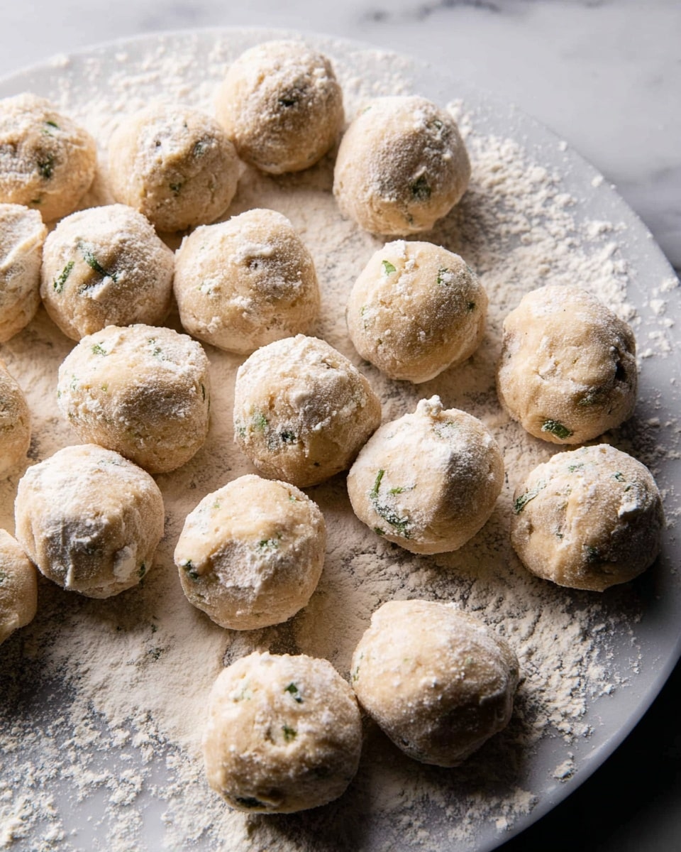 A white plate holds about twenty small dough balls spread out evenly. Each ball is light beige with a slightly rough and soft texture, sprinkled with white flour that dusts the plate beneath them. Some dough balls have tiny green and brown spots showing bits of herbs or other ingredients mixed inside. The scene is set on a white marbled surface, and the lighting highlights the powdery flour and the soft dough texture clearly. photo taken with an iphone --ar 4:5 --v 7
