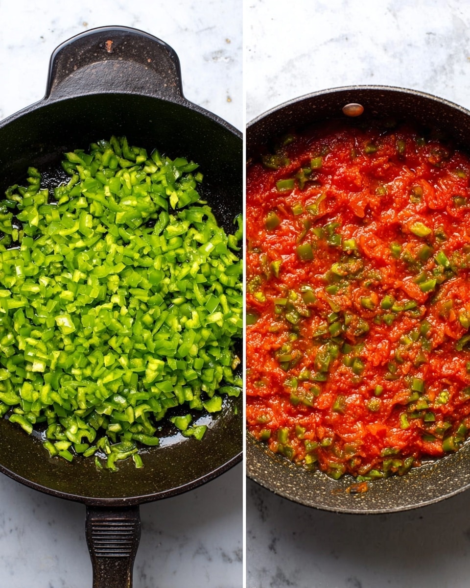 The image shows two black pans side by side on a white marbled surface. The pan on the left contains finely chopped green peppers evenly spread in a single layer with a slightly glossy texture. The pan on the right holds a chunky bright red tomato sauce mixed with small pieces of green vegetables, creating a colorful, textured mix that fills the pan evenly. Both pans have visible handles and the whole scene is lit softly, showing the rich colors of the ingredients. photo taken with an iphone --ar 4:5 --v 7