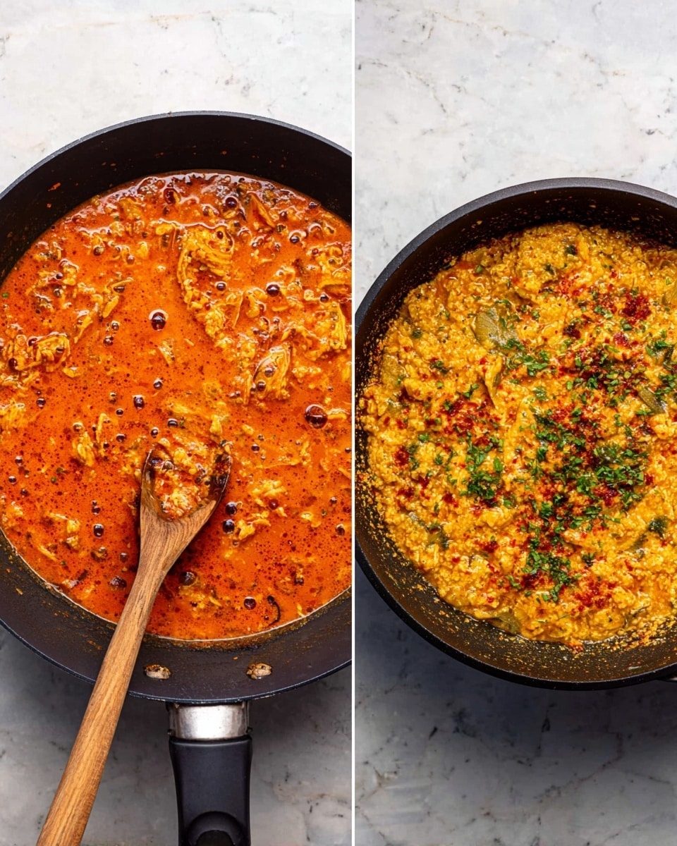 The image shows two black pans on a white marbled surface. The left pan is filled with a thick, orange-red sauce with visible chunks of cooked food and bubbles on the surface, with a wooden spoon resting inside. The right pan contains a cooked mixture with a firm, golden-yellow surface, speckled with red spices and small green herb pieces scattered on top, giving a textured look. photo taken with an iphone --ar 4:5 --v 7