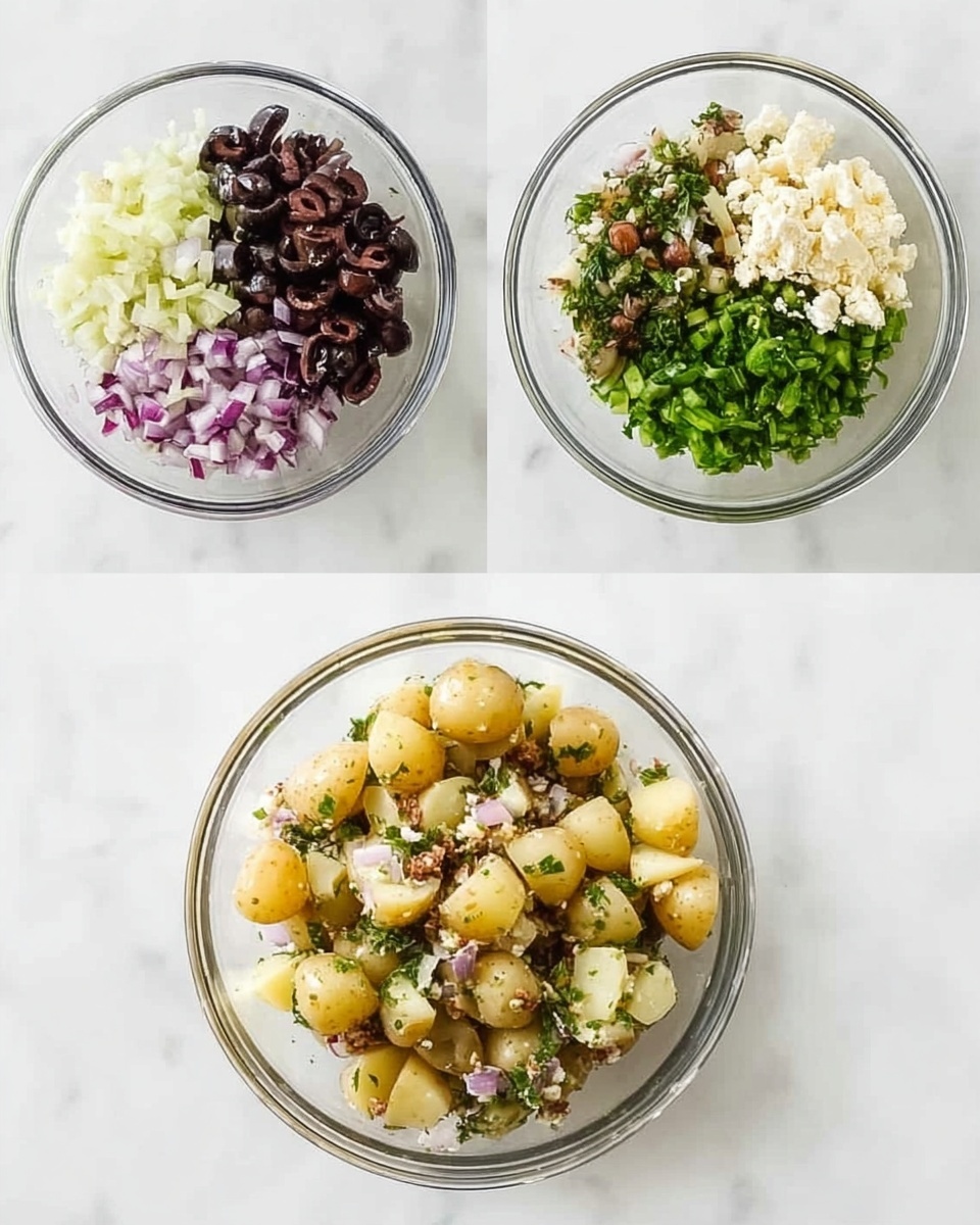 The image shows a white bowl filled with a mixture of halved yellow and white baby potatoes that have a soft texture. Mixed in are small pieces of black olives, finely chopped red onions, and bright green chopped herbs scattered evenly on top. There are lots of small white crumbles of cheese spread across the salad, giving a crumbly texture contrast. The dish looks fresh and colorful with a blend of creamy, soft, and slightly crunchy ingredients, all on a white marbled surface. Photo taken with an iphone --ar 4:5 --v 7