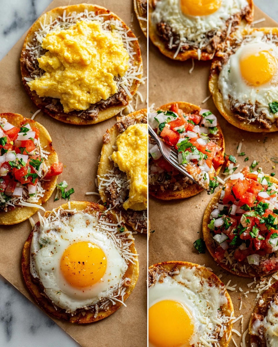 The image shows several round golden brown corn tortillas layered with cooked refried beans spread evenly as the base layer. Some tortillas have a layer of shredded white cheese on top of the beans, and most have bright yellow scrambled eggs or sunny-side-up eggs with a rich orange yolk placed on top. A close-up shows a woman's hand holding a fork placing fresh red tomato, white onion, and green cilantro salsa over a pile of scrambled eggs on one tortilla. All the tortillas are arranged on a sheet with a light brown parchment-like surface, set against a white marbled background. photo taken with an iphone --ar 4:5 --v 7