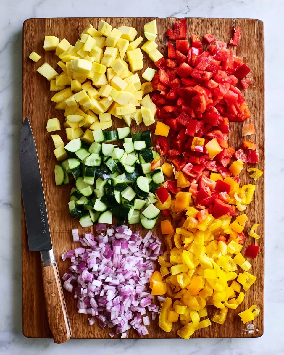A wooden cutting board sits on a white marbled surface, filled with six groups of chopped vegetables arranged in sections. Starting from the top left, there are light yellow cubed pieces resembling squash. To the right, there are bright red diced bell peppers. Below the yellow squash, green zucchini, cut into small pieces showing green skin and pale inside, forms the middle section. At the bottom left corner, finely chopped purple-red onion pieces are present. Next to the onions on the right, vibrant small red tomato chunks are placed. Finally, at the bottom right of the board, bright yellow bell peppers are diced into medium-sized pieces. A knife with a wooden handle lies on the left side of the board. Some vegetable pieces are scattered around the edges. Photo taken with an iphone --ar 4:5 --v 7