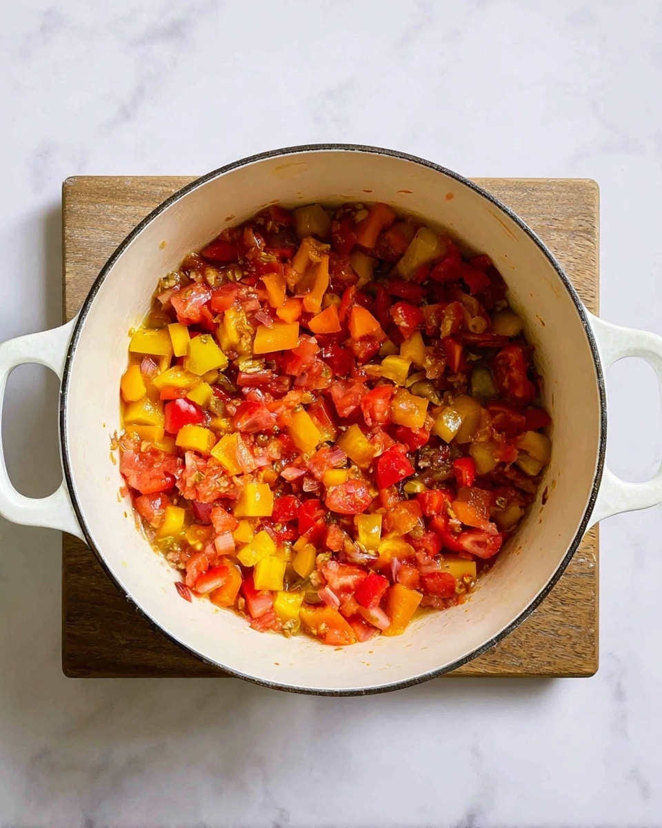 A white pot filled with cooked chopped vegetables including red and yellow bell peppers, tomatoes, and bits of onion all mixed together. The vegetables have a soft texture with some light browning on the edges. The pot sits on a small wooden square board, placed on a white marbled surface. The colors in the pot mainly are warm reds, oranges, and yellows, creating a vibrant look. Photo taken with an iphone --ar 4:5 --v 7