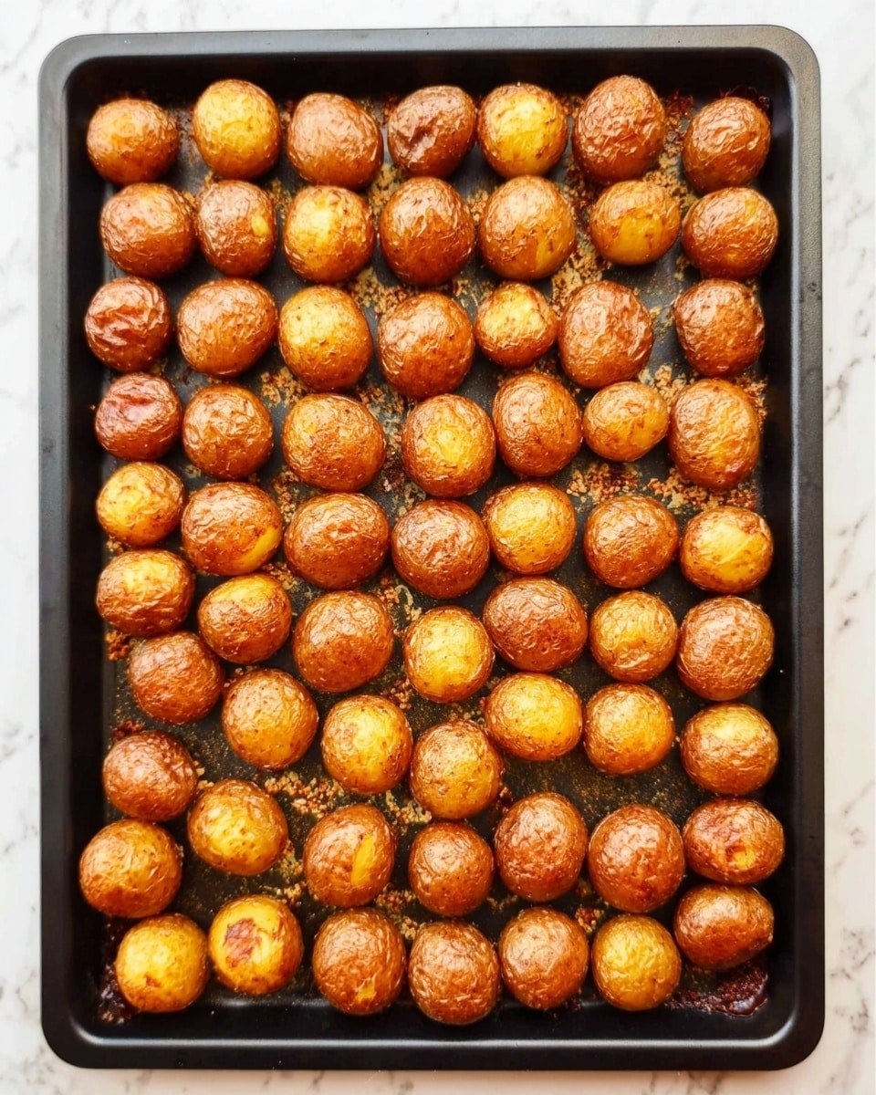 A black baking tray filled with small round potatoes that are golden brown and crispy, evenly spread in six rows and nine columns, resting on a white marbled surface. The potatoes have a textured, slightly wrinkled skin, showing they are roasted well. The tray edges are thick and dark, and there are some small browned bits around the potatoes on the tray. photo taken with an iphone --ar 4:5 --v 7